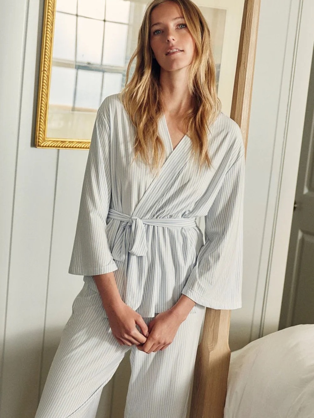 LAKE Dream Modal Kimono Wrap Pajama Top Blue White Stripe Sleepwear Soft Size XL